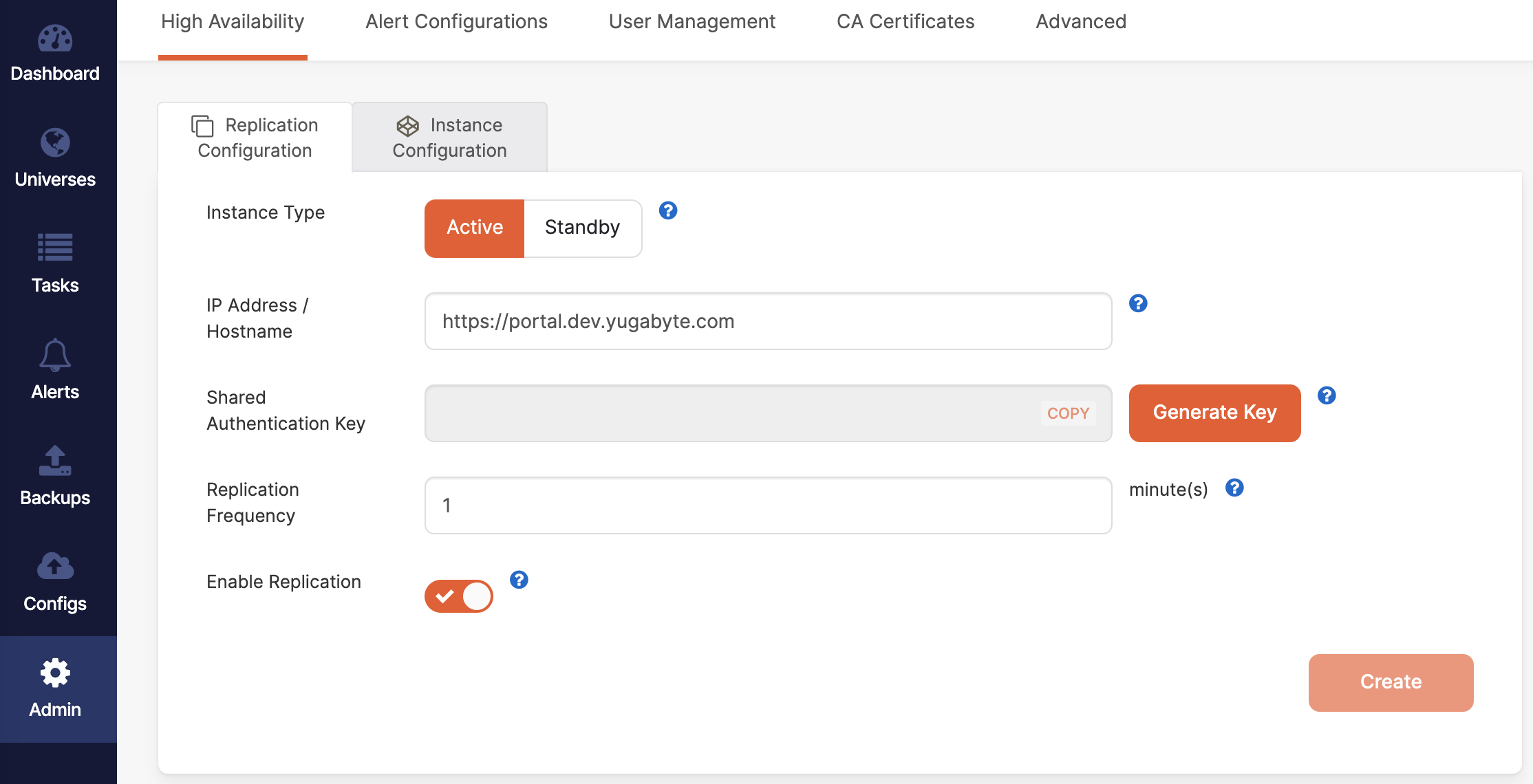 Replication configuration tab